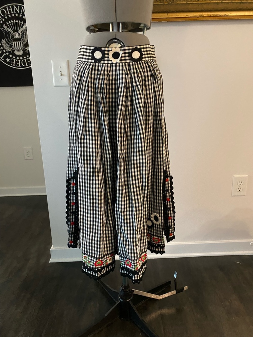 Vintage Handmade Black & White Gingham A-Line Skirt with Floral Trim